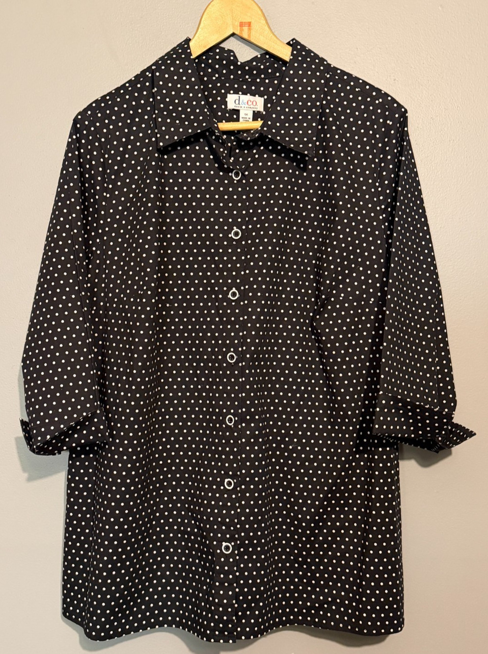 Denim & Co Womens 1X Black White Polka Dot Button Down Shirt Stretch Cotton